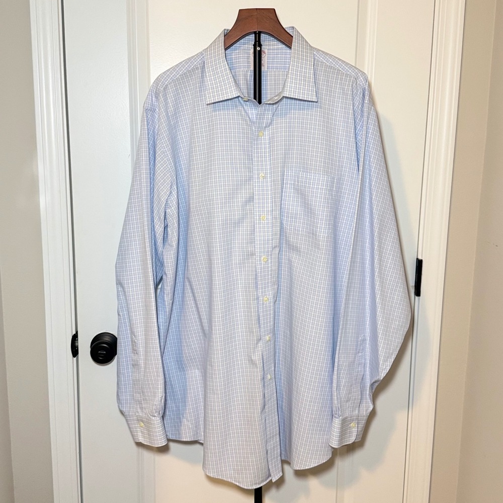Brooks Brothers Classic Fit Non-Iron Shirt Mens 18.5 38 Blue White Check Cotton